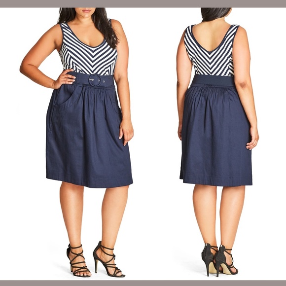 NWT City Chic Ahoy Sailor Belted Fit & Flare Dress‎ in Navy [SZ XS/ 14 ] - Picture 1 of 8